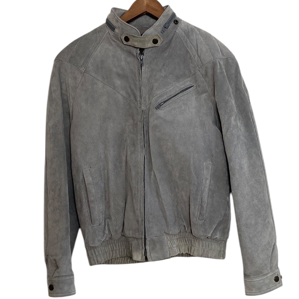 Vintage Leather Jacket Mens 38 Gray Suede Bomber Flight Jacket Hooded Retro 80s